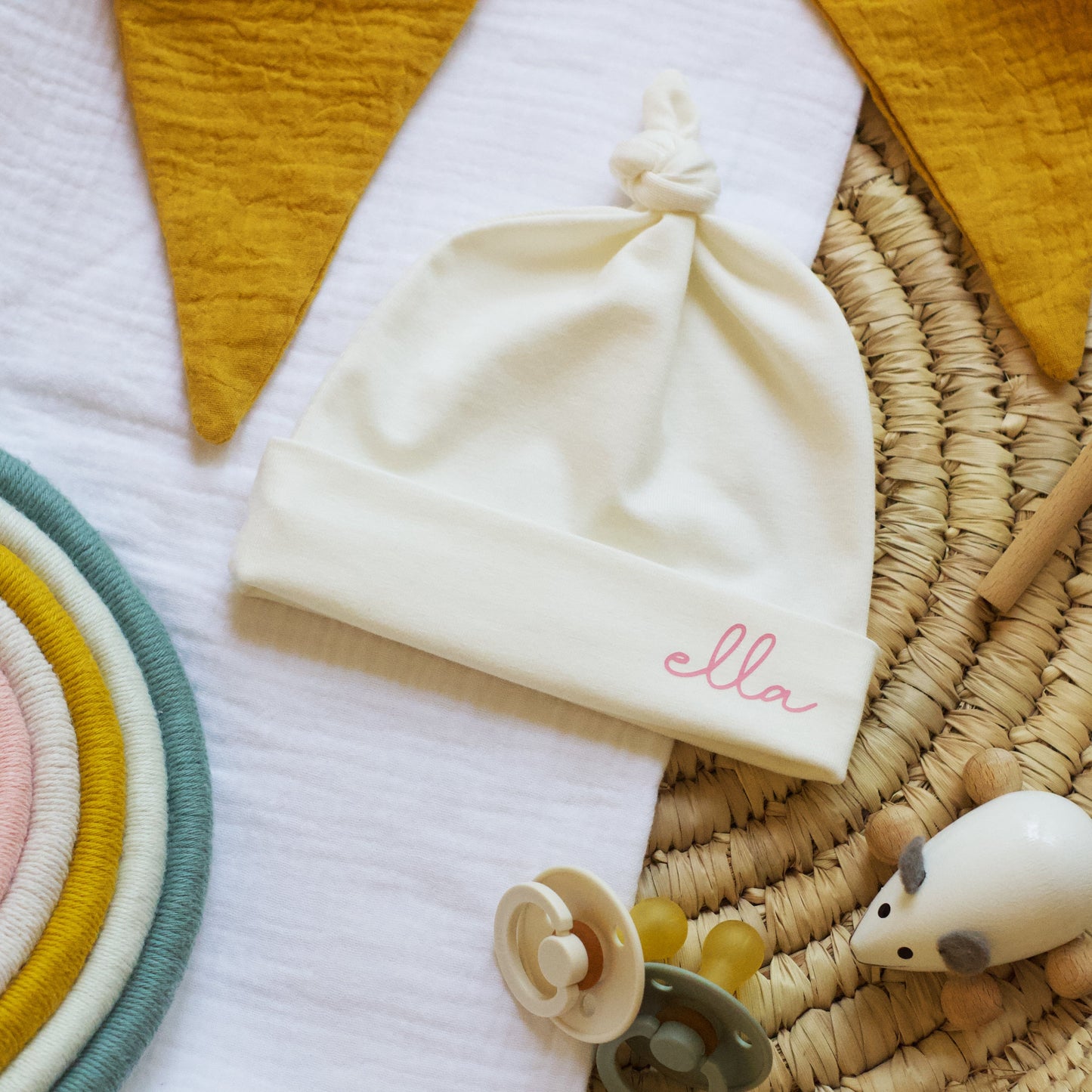 Personalised Cream Jersey Baby Knot Hat